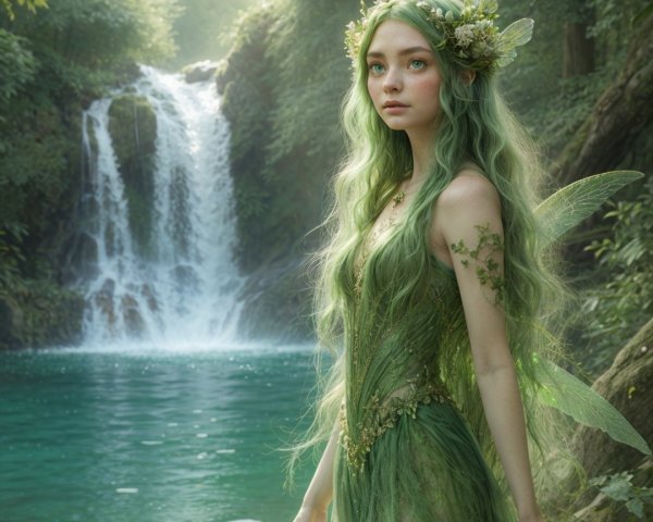 Fairy by Turquoise Pool in Enchanted Forest Setting