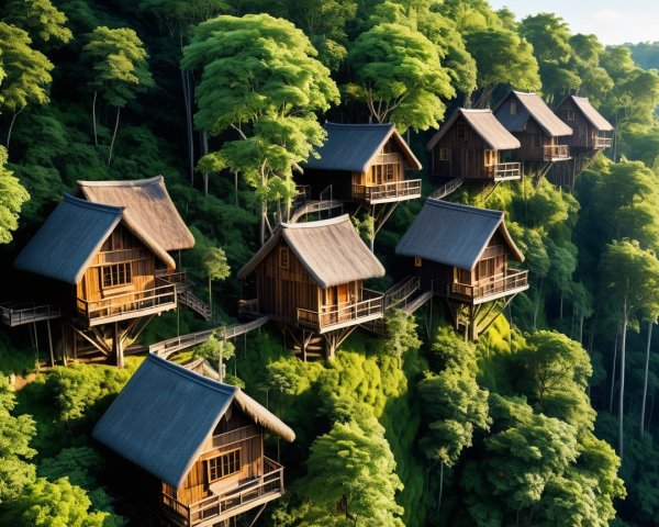Wooden Cottages on Lush Hillside Surrounded by Greenery