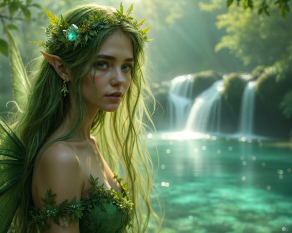 Fairy by Turquoise Pool in Enchanted Forest Setting