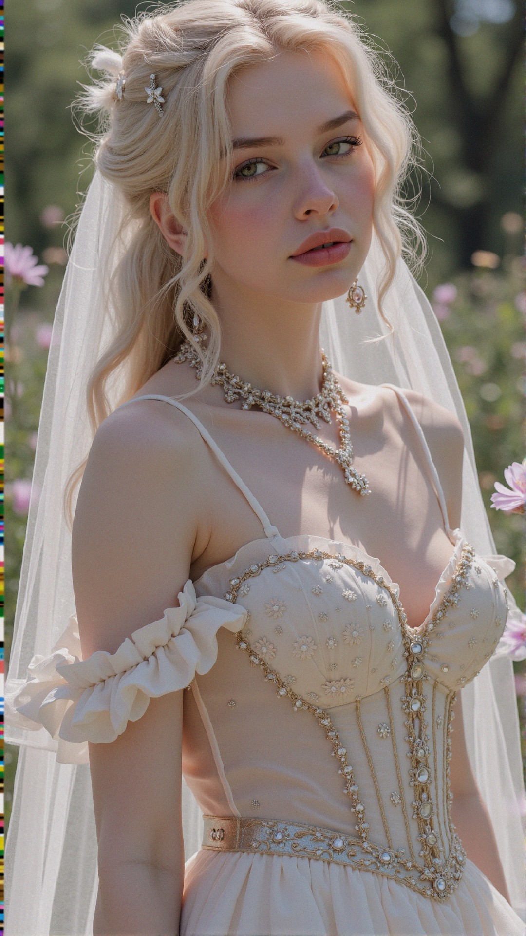 Young Woman in Floral Wedding Dress in Outdoor Setting