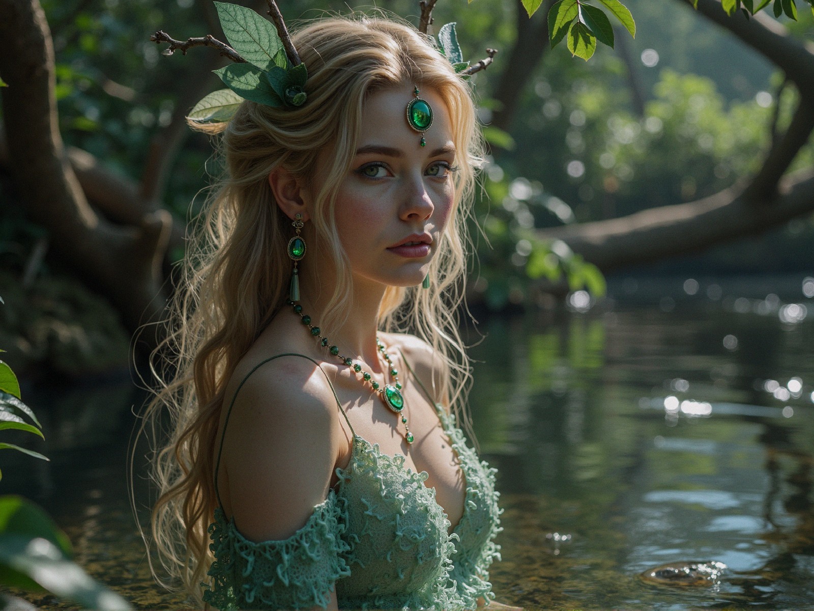 Young Woman in Green Gown Surrounded by Nature