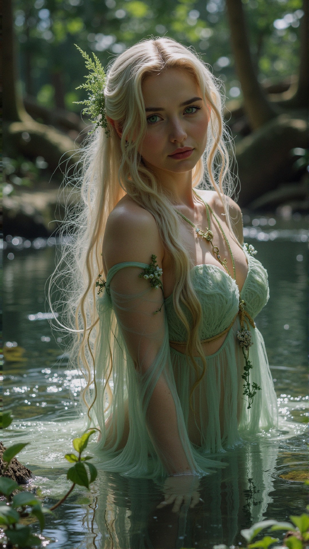 Serene Woodland Scene with Enchanting Young Woman