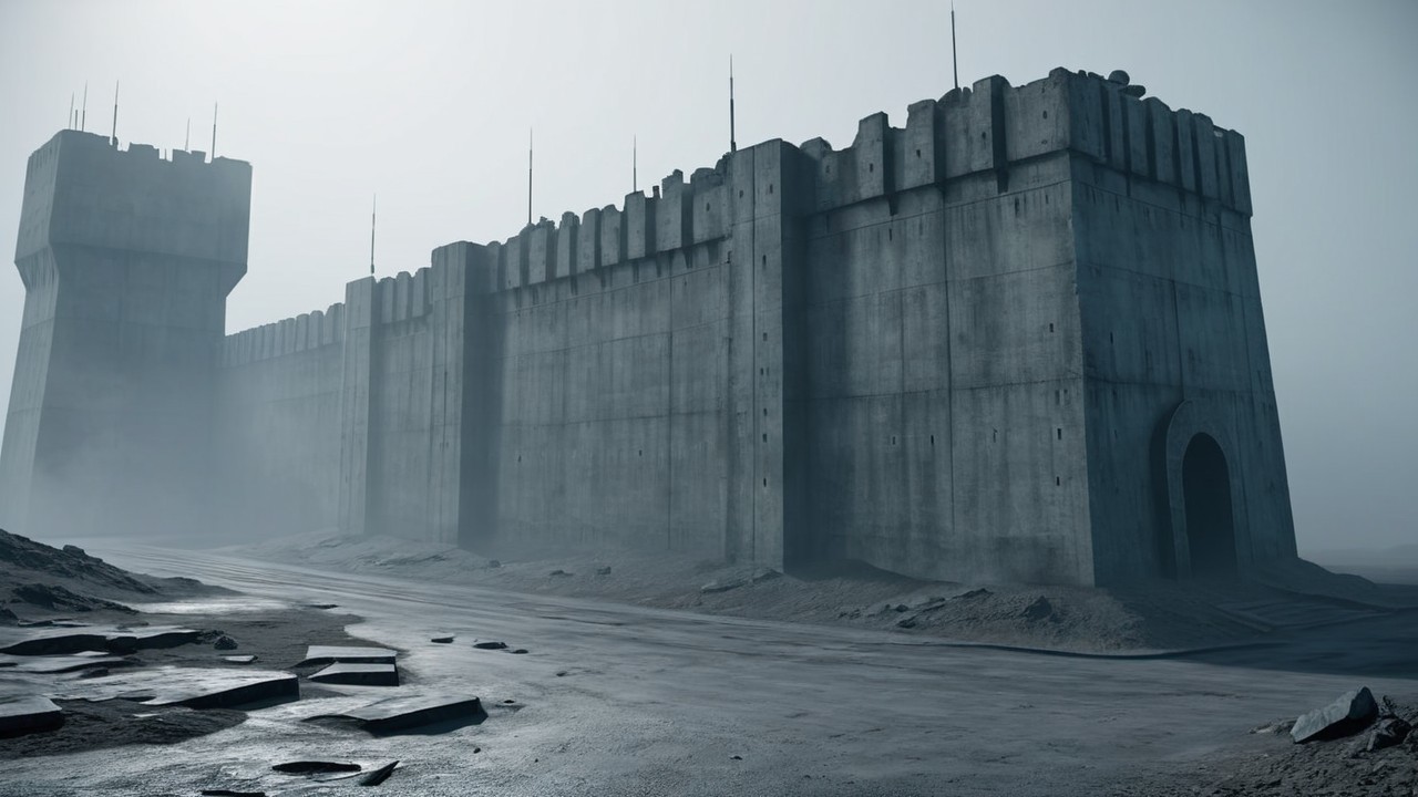 Grand Fortress in Foggy Landscape with Battlements