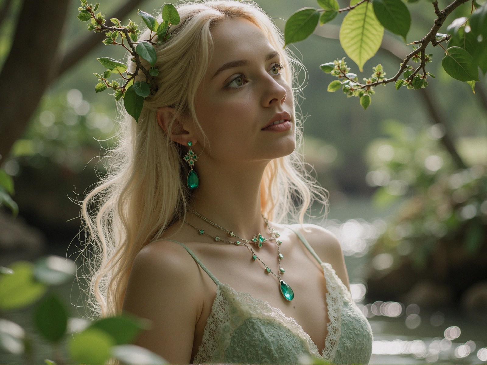 Serene Young Woman in Lush Greenery with Jewelry
