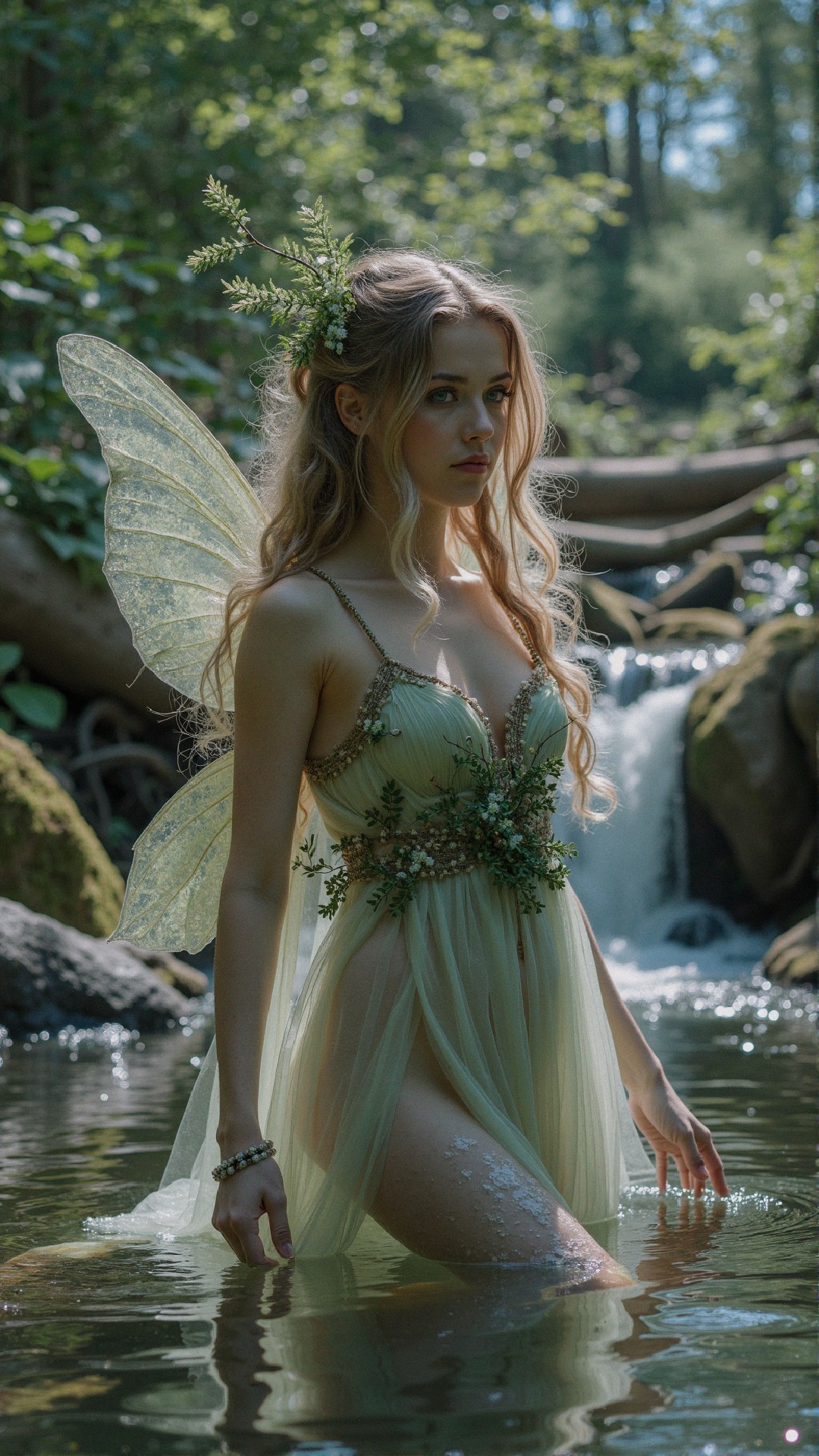 Fairy in a Serene Forest Stream with Ethereal Gown