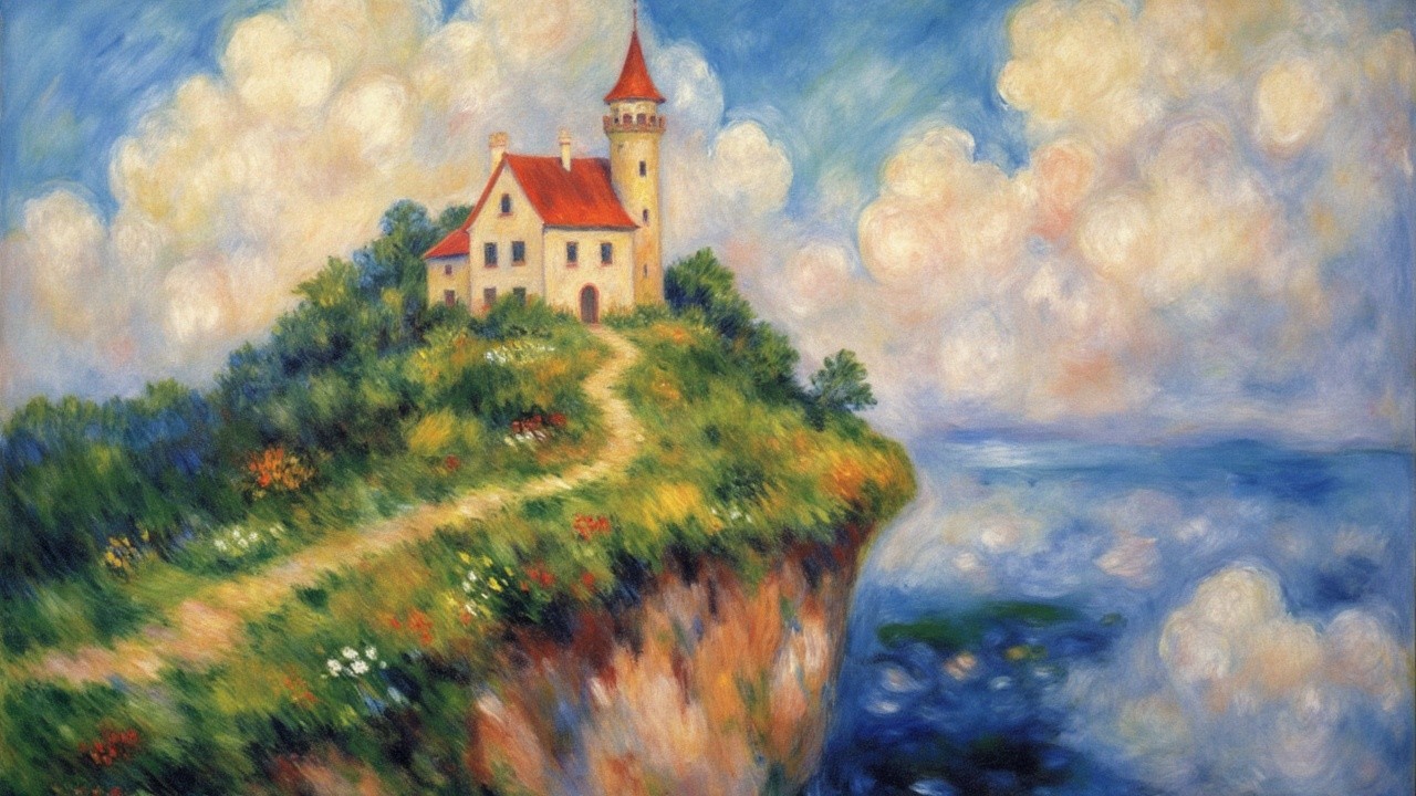 Whimsical Castle Landscape with Vibrant Flowers and Ocean