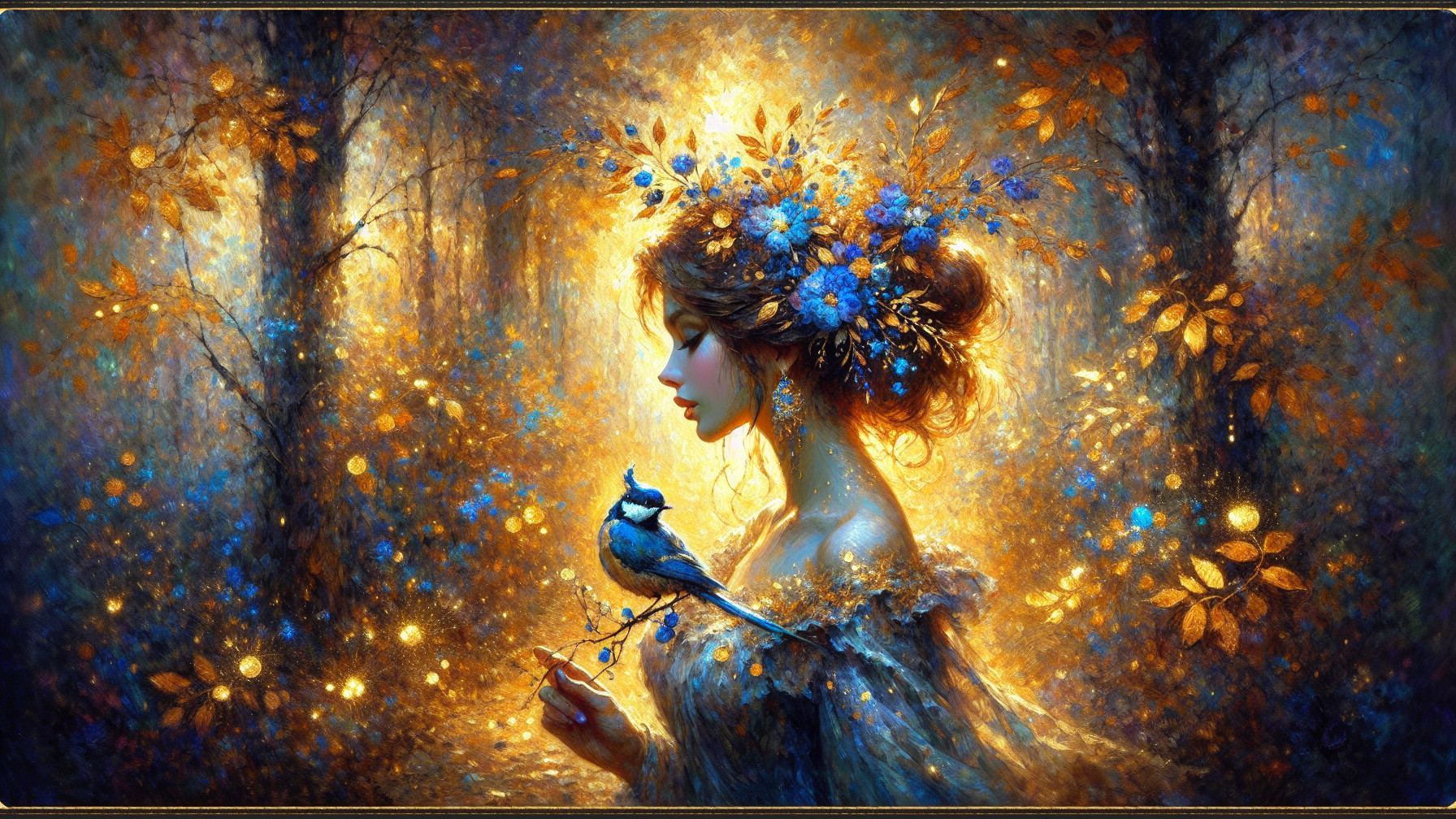 Serene Woman in Luminous Forest with Blue Bird