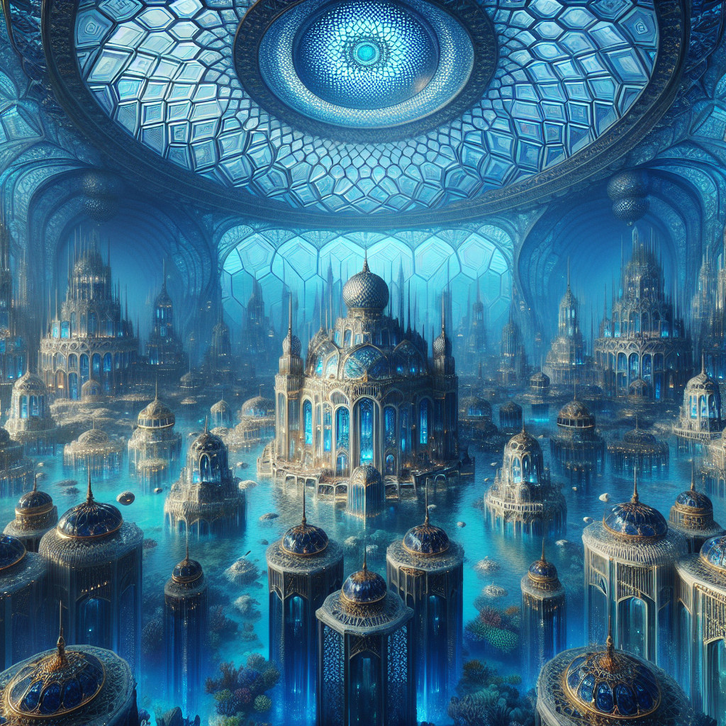 Underwater Cityscape with Glowing Designs and Marine Life