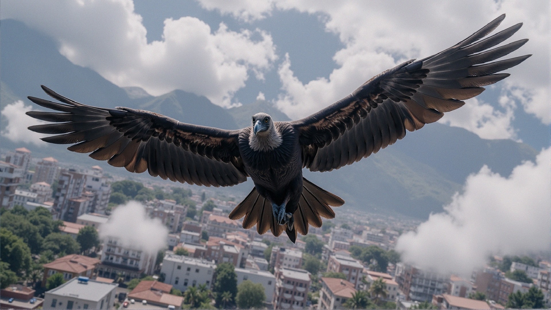 Vulture Soaring Over Urban Landscape and Mountains