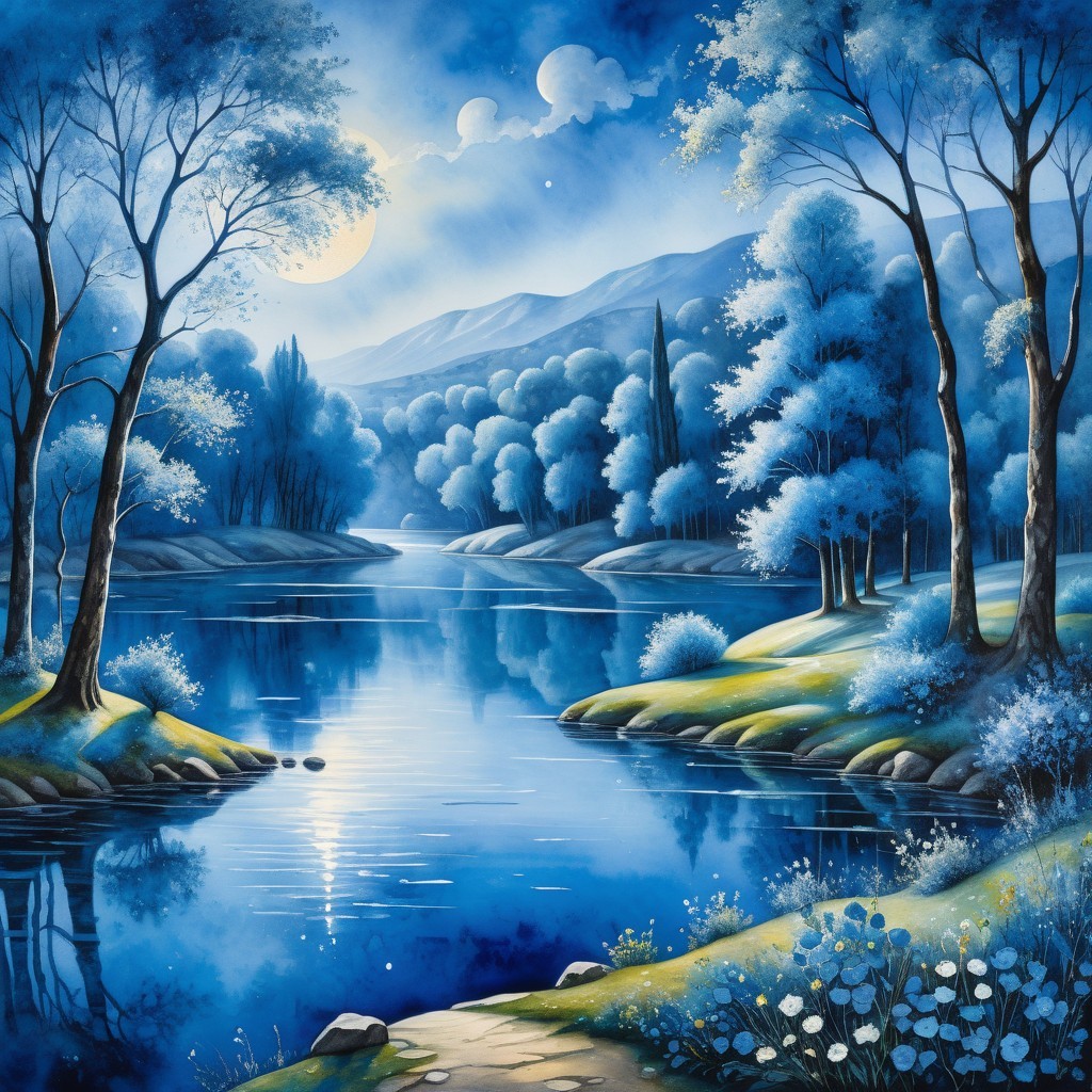 Moonlit Landscape with River and Lush Forest
