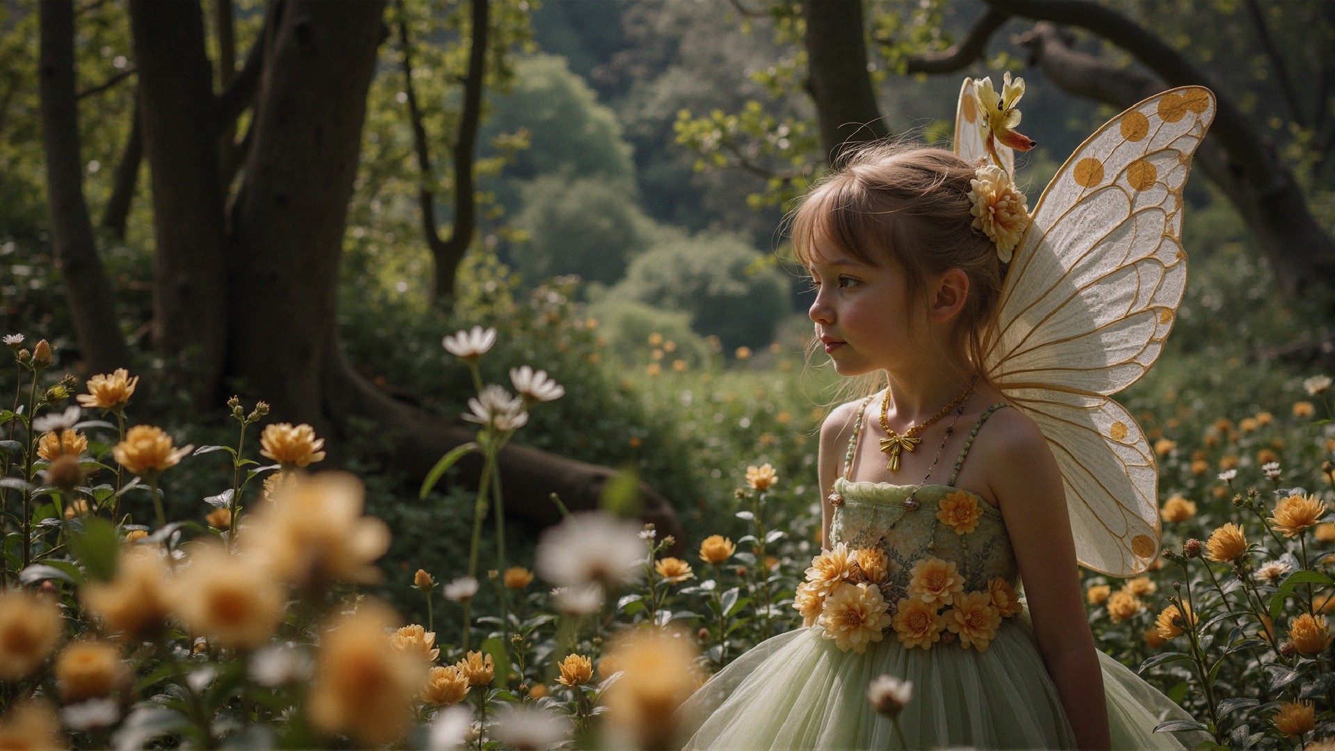Young girl with butterfly wings in sunlit forest