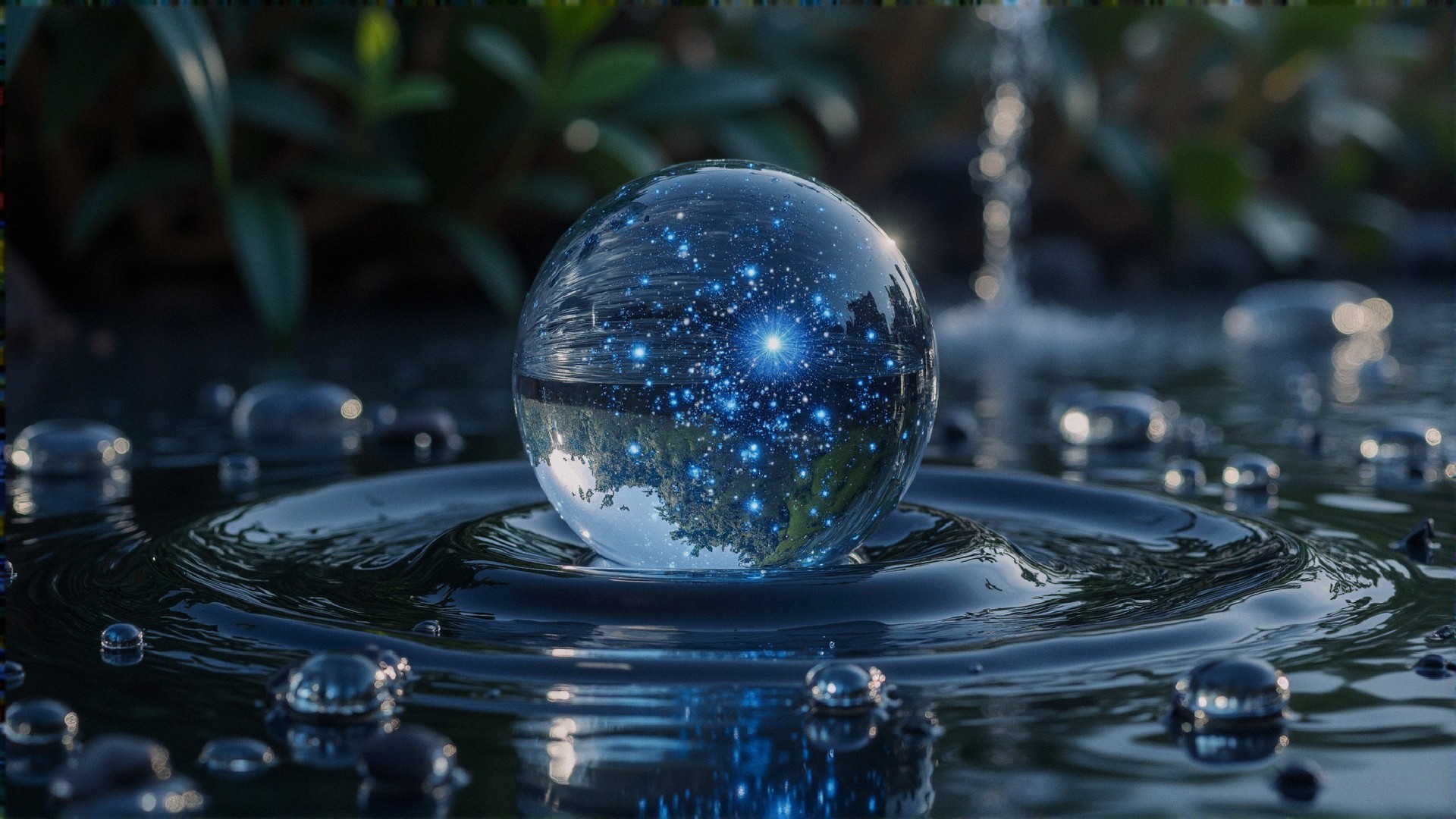 Crystal Orb Reflecting Starry Sky and Nature