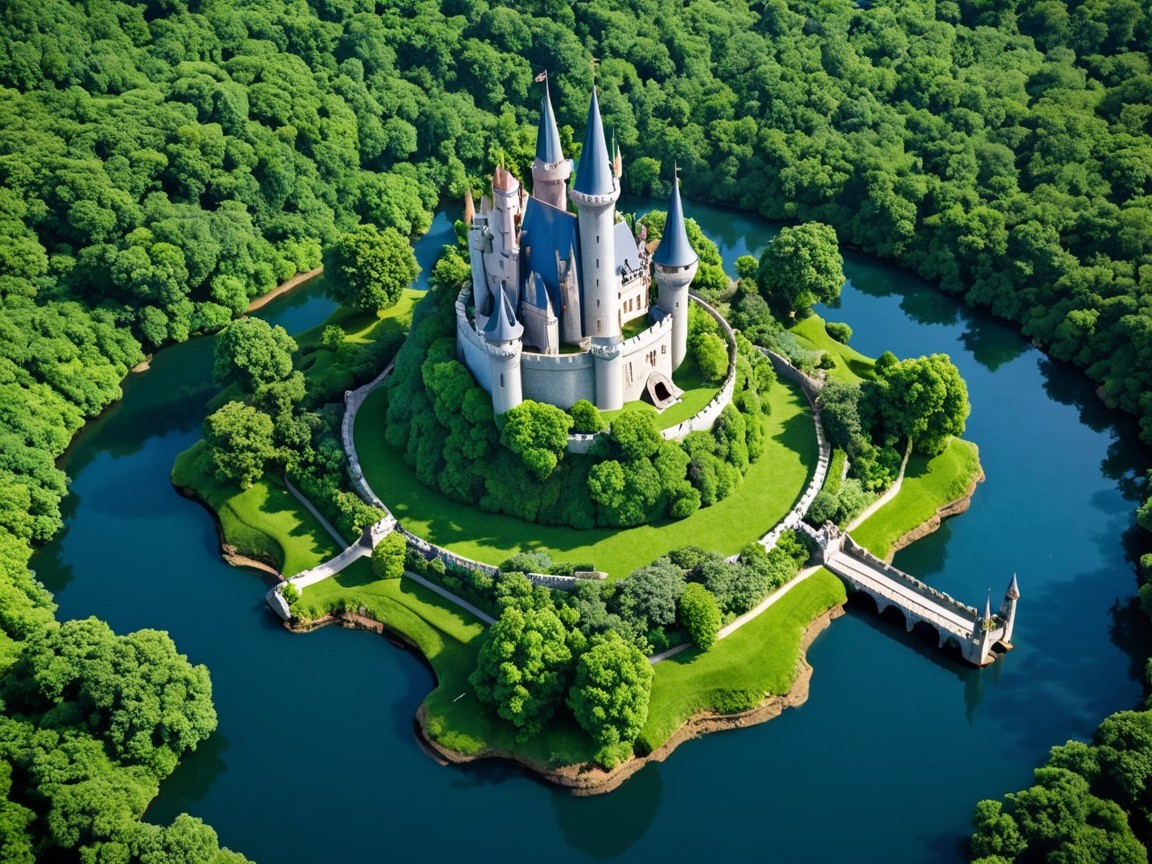 Castle on a Lush Island Surrounded by Blue Waters