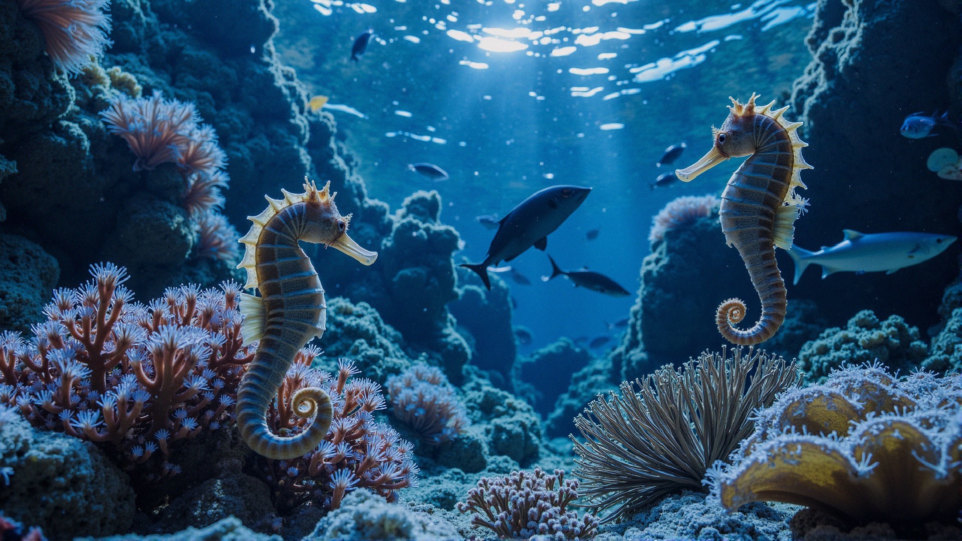 Seahorses Among Colorful Coral Reef and Marine Life