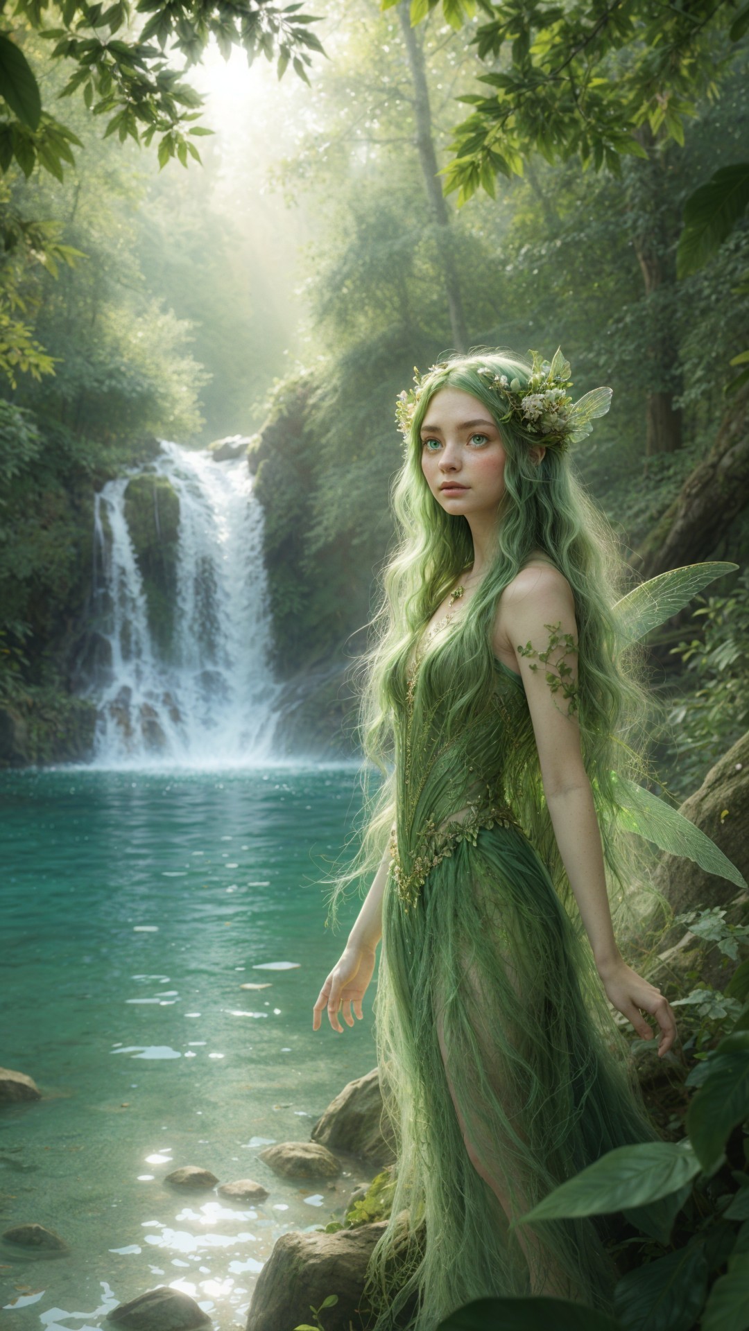 Fairy by Turquoise Pool in Enchanted Forest Setting