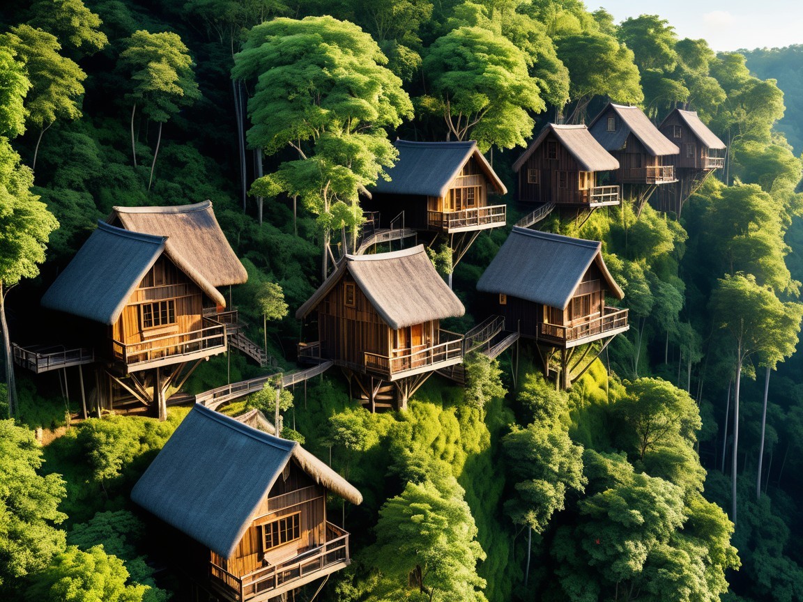 Wooden Cottages on Lush Hillside Surrounded by Greenery