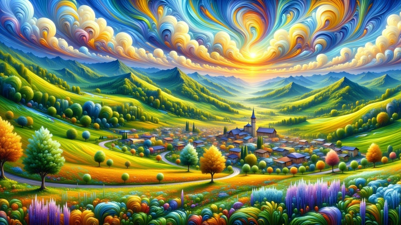 Vibrant Landscape of a Serene Village in Rolling Hills