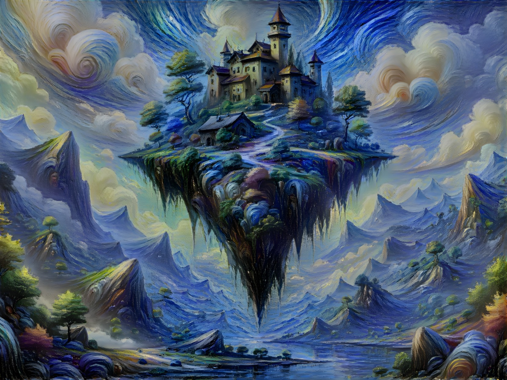 Floating Island with Castle and Lush Landscape