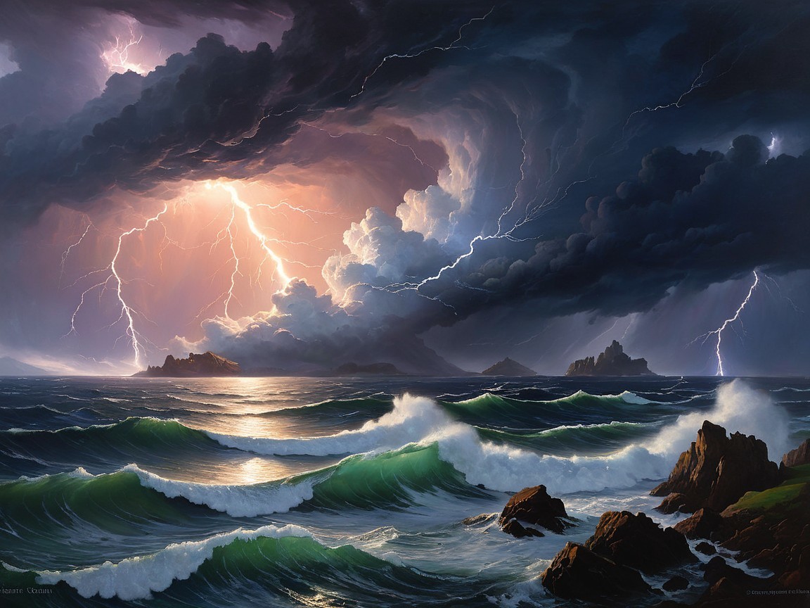 Dramatic Seascape with Stormy Sky and Turbulent Waves
