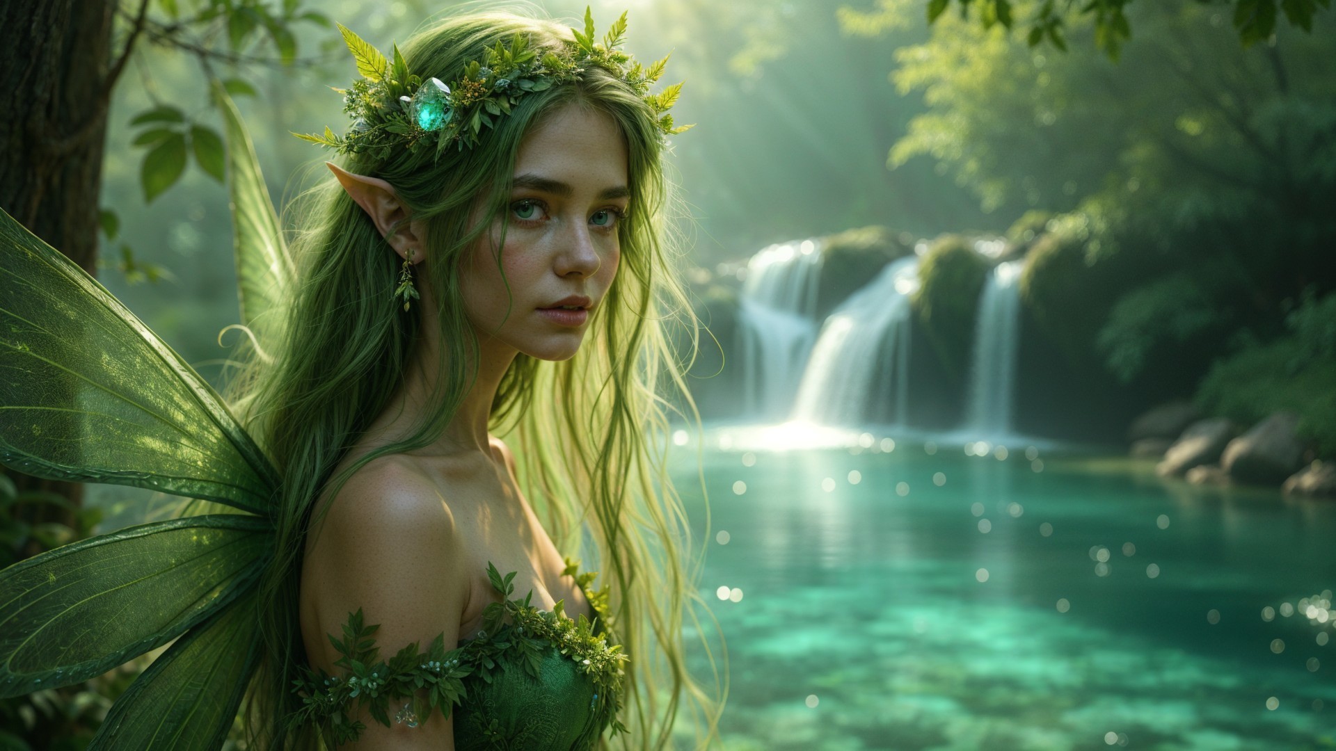 Fairy by Turquoise Pool in Enchanted Forest Setting