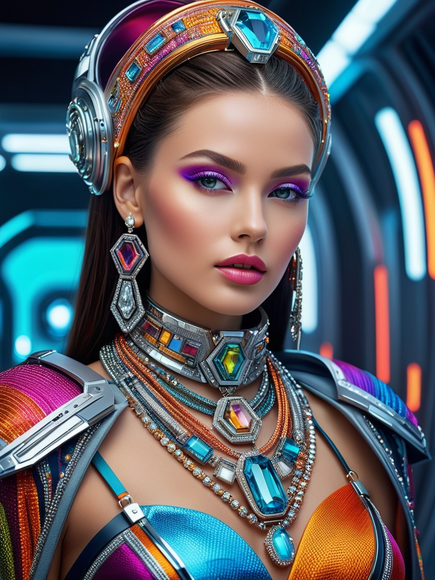 Futuristic Woman in Metallic Attire and Bold Makeup