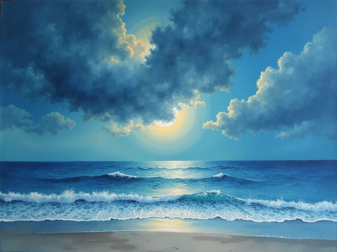 Serene Ocean Scene with Sunlit Sky and Gentle Waves