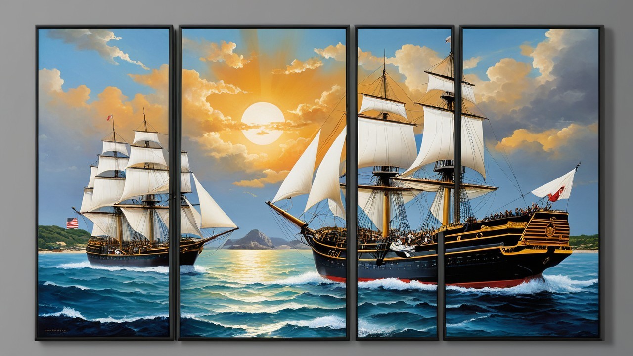 Four-Panel Painting of Sailing Ships at Sunset