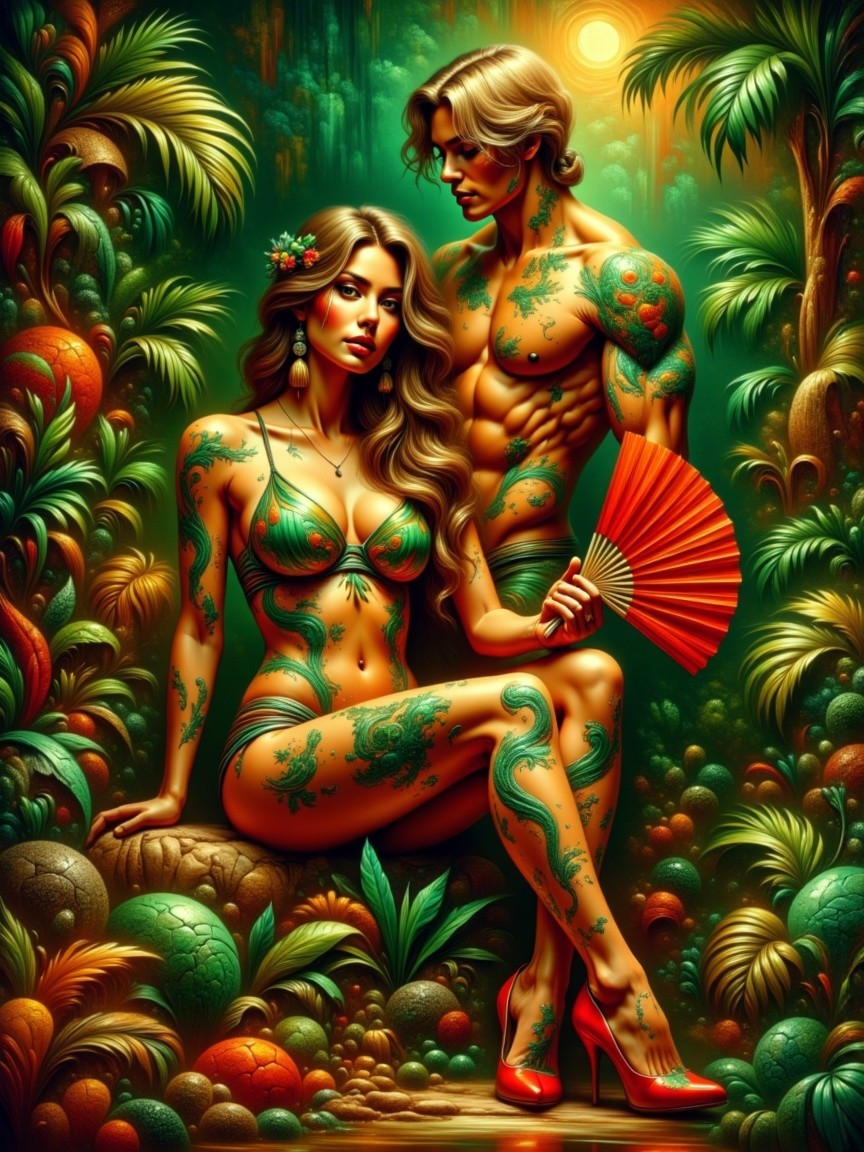 Couple in Tropical Setting with Intricate Tattoos