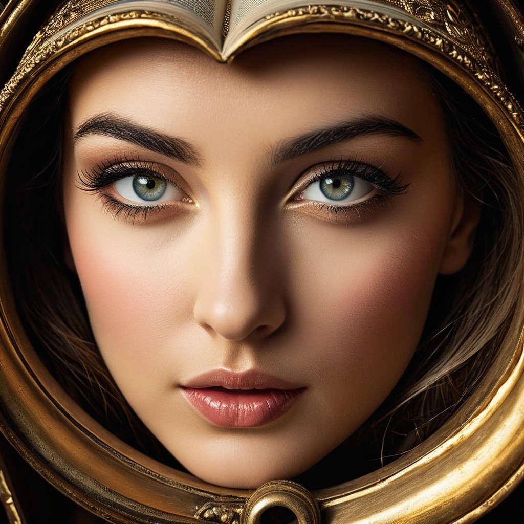 Close-up Portrait of a Young Woman in Golden Mirror