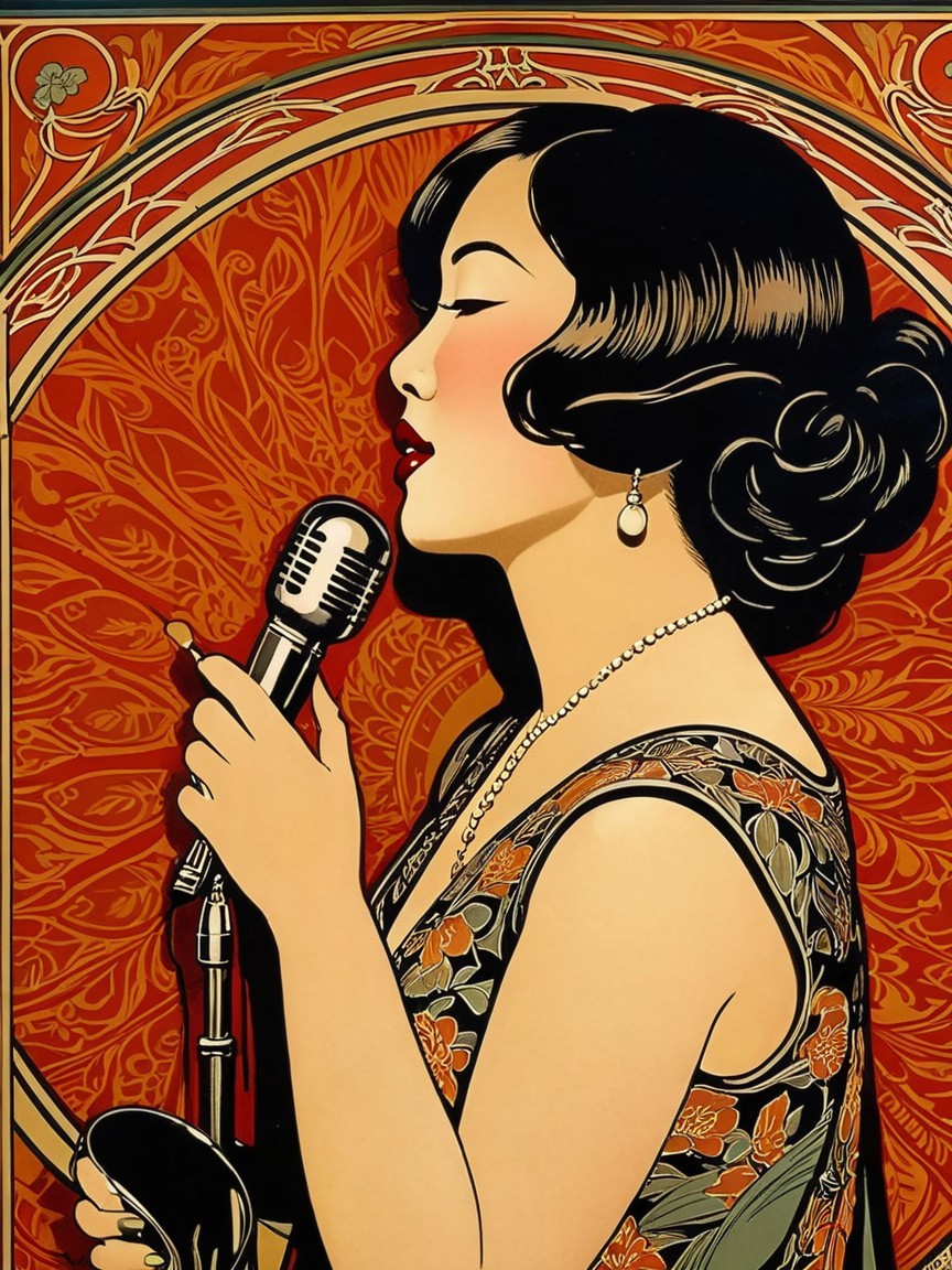 1920s Stylish Woman Singing into Vintage Microphone