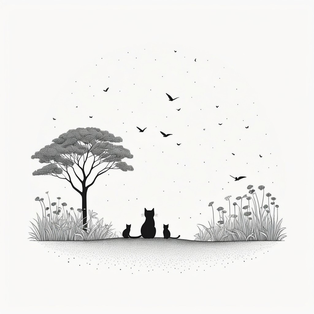 Three Cats in a Grassy Area with Tree Silhouette