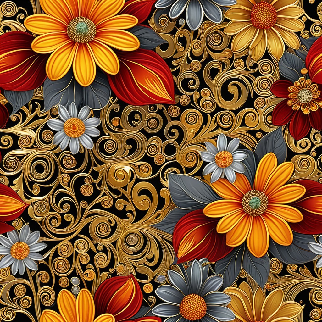 Vibrant Floral Pattern with Warm Colors on Black Background
