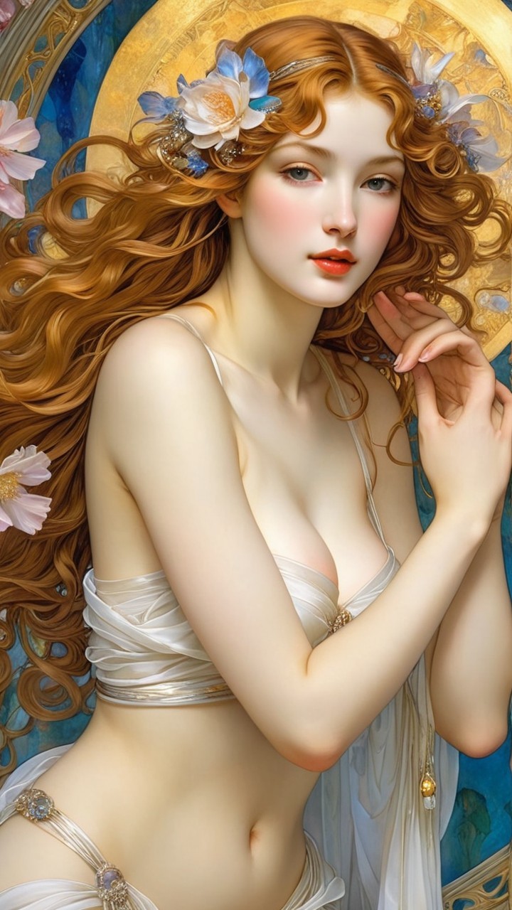Ethereal Beauty with Auburn Hair and Floral Accents