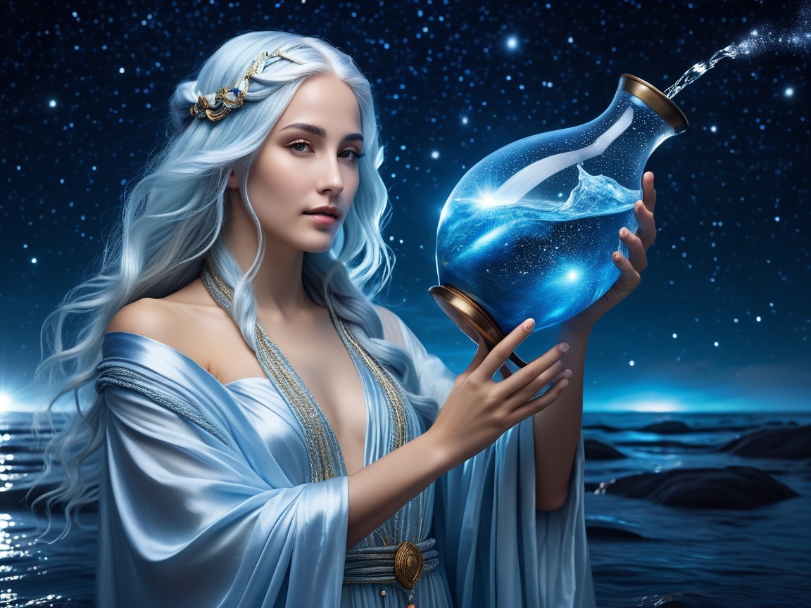 Serene figure by ocean under starry night sky