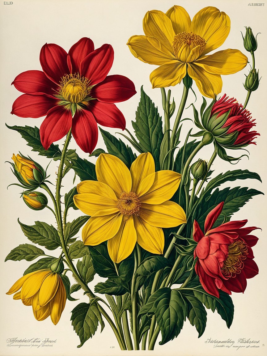 Botanical Illustration of Red and Yellow Flowers
