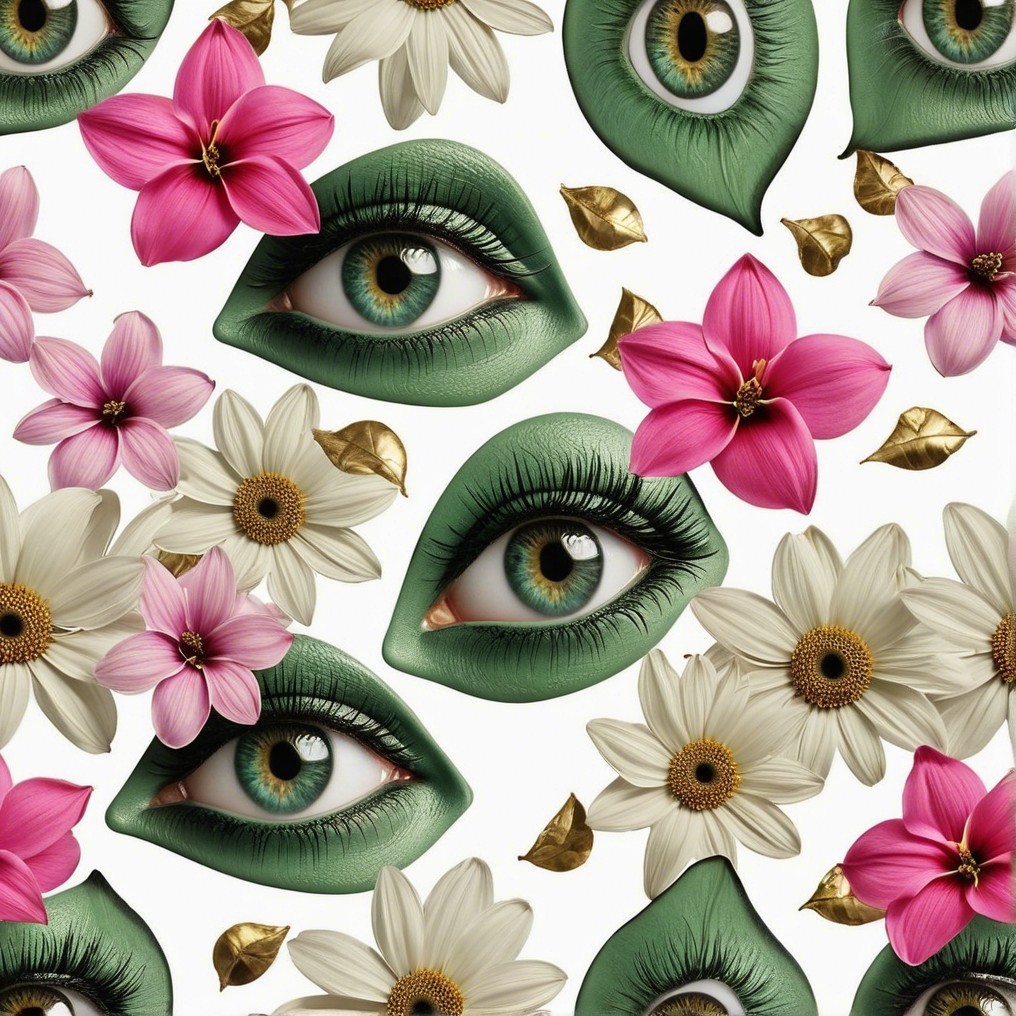 Stylized Green Eyes Surrounded by Colorful Flowers