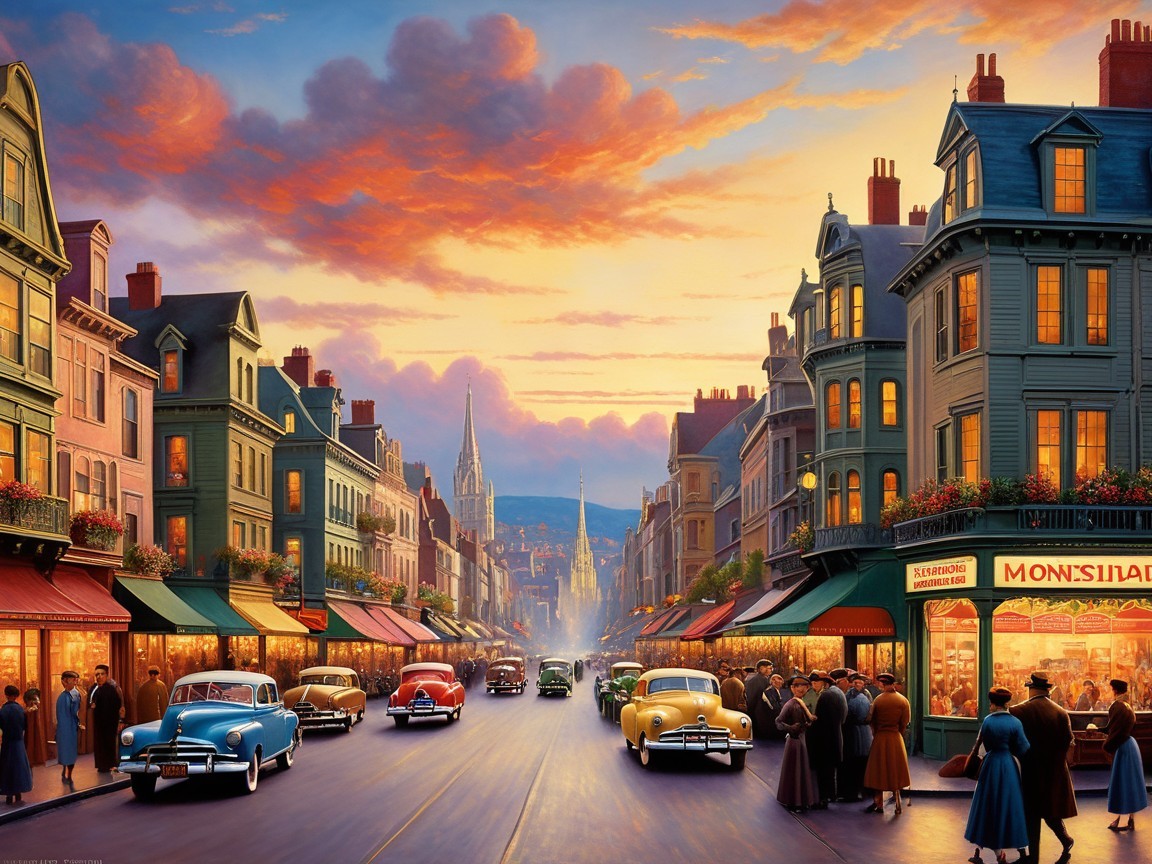 Charming Town Street Scene at Sunset with Vintage Cars