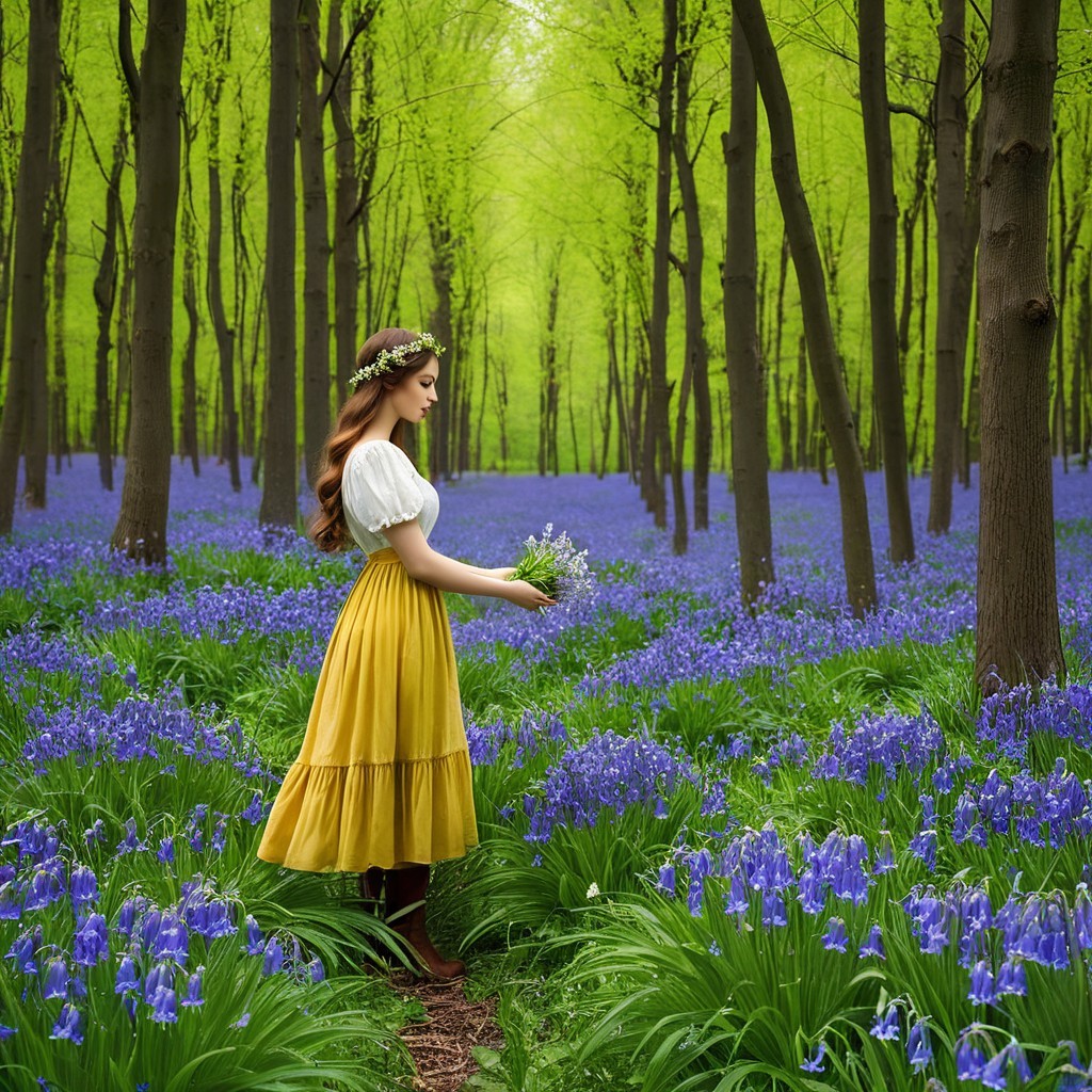 Young Woman in Yellow Dress Amidst Blooming Bluebells