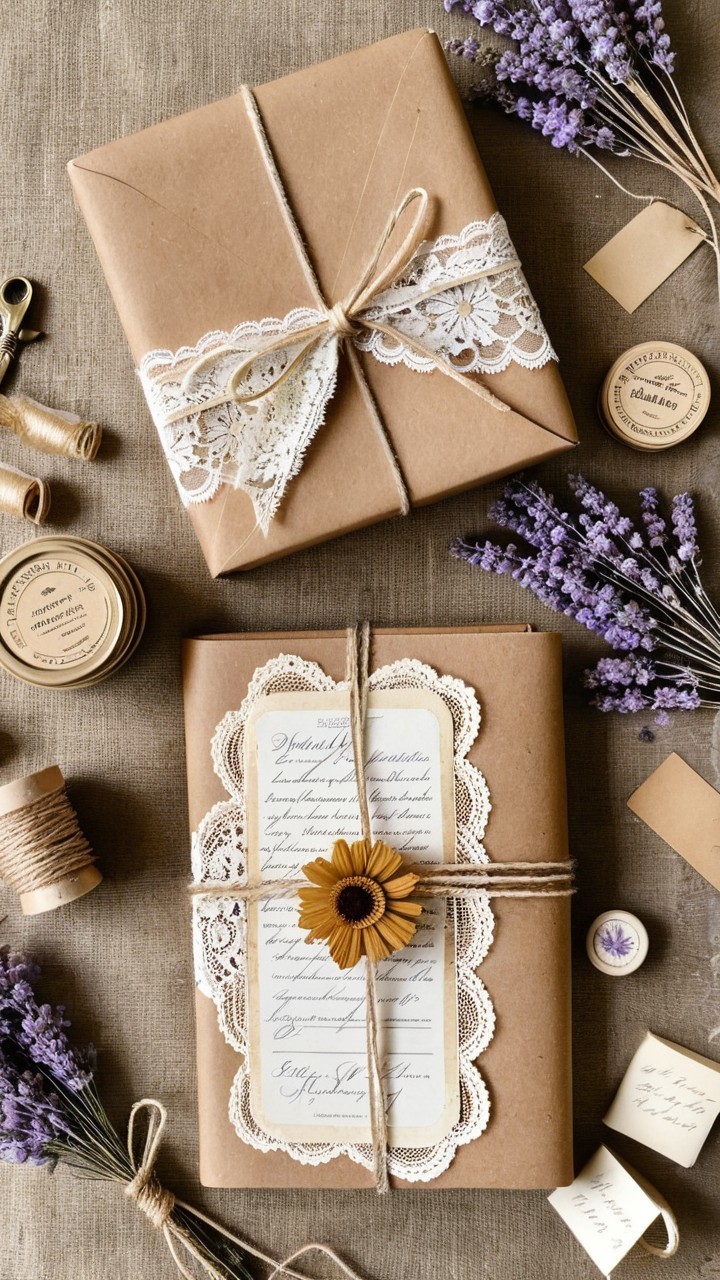 Rustic Wrapped Gifts with Dried Flowers and Lavender