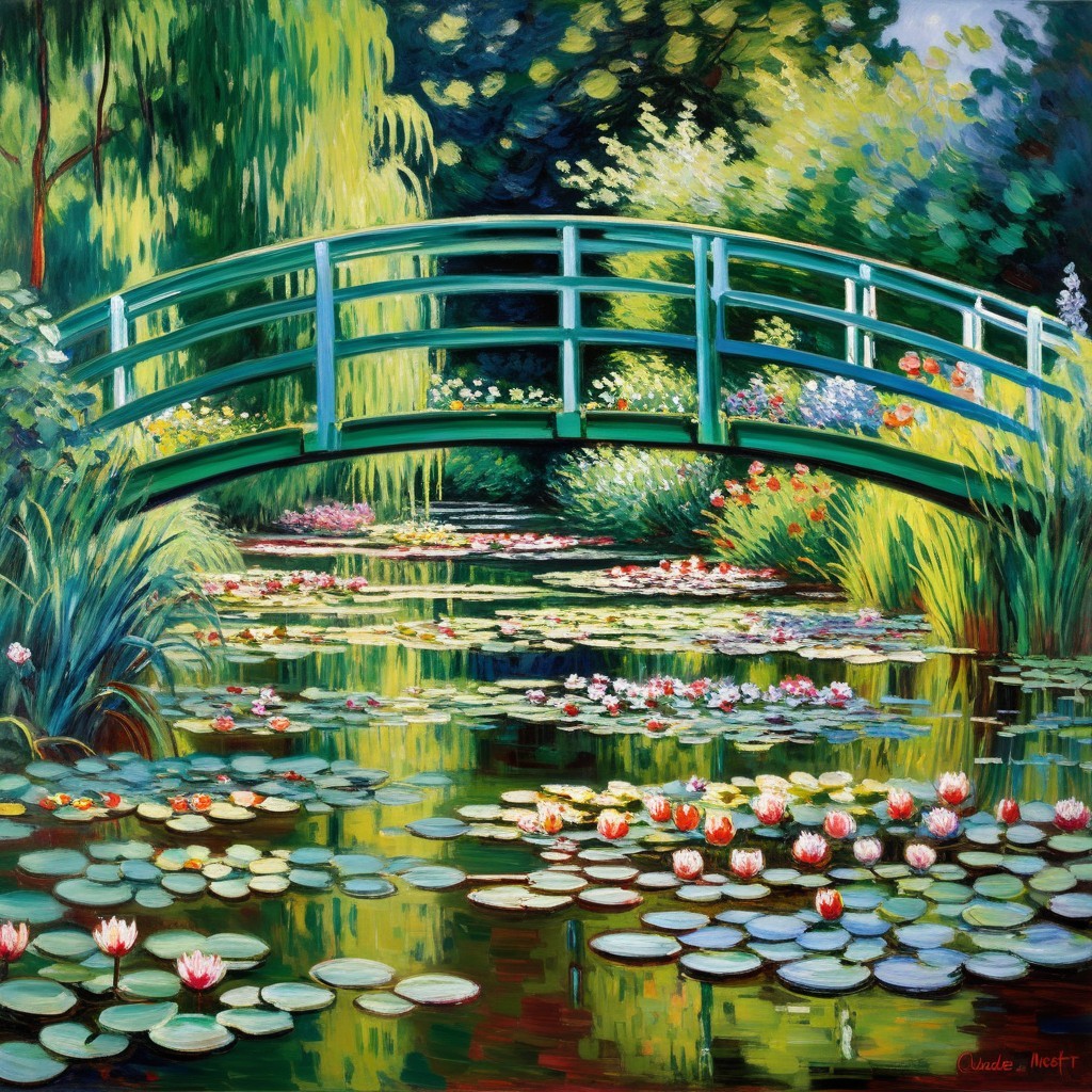 Vibrant Landscape with Green Bridge and Water Lilies