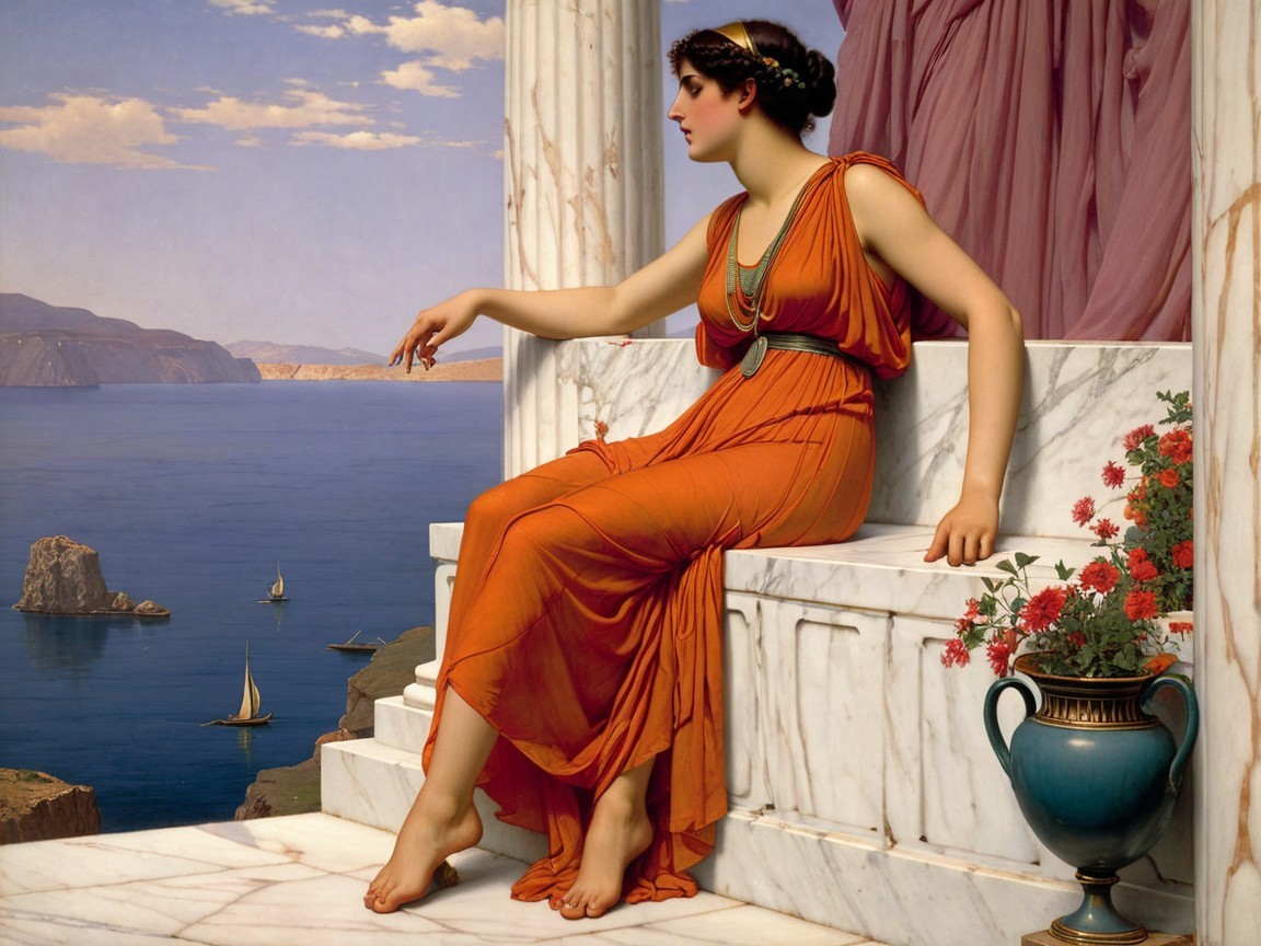 Woman in Orange Gown Contemplating by the Sea