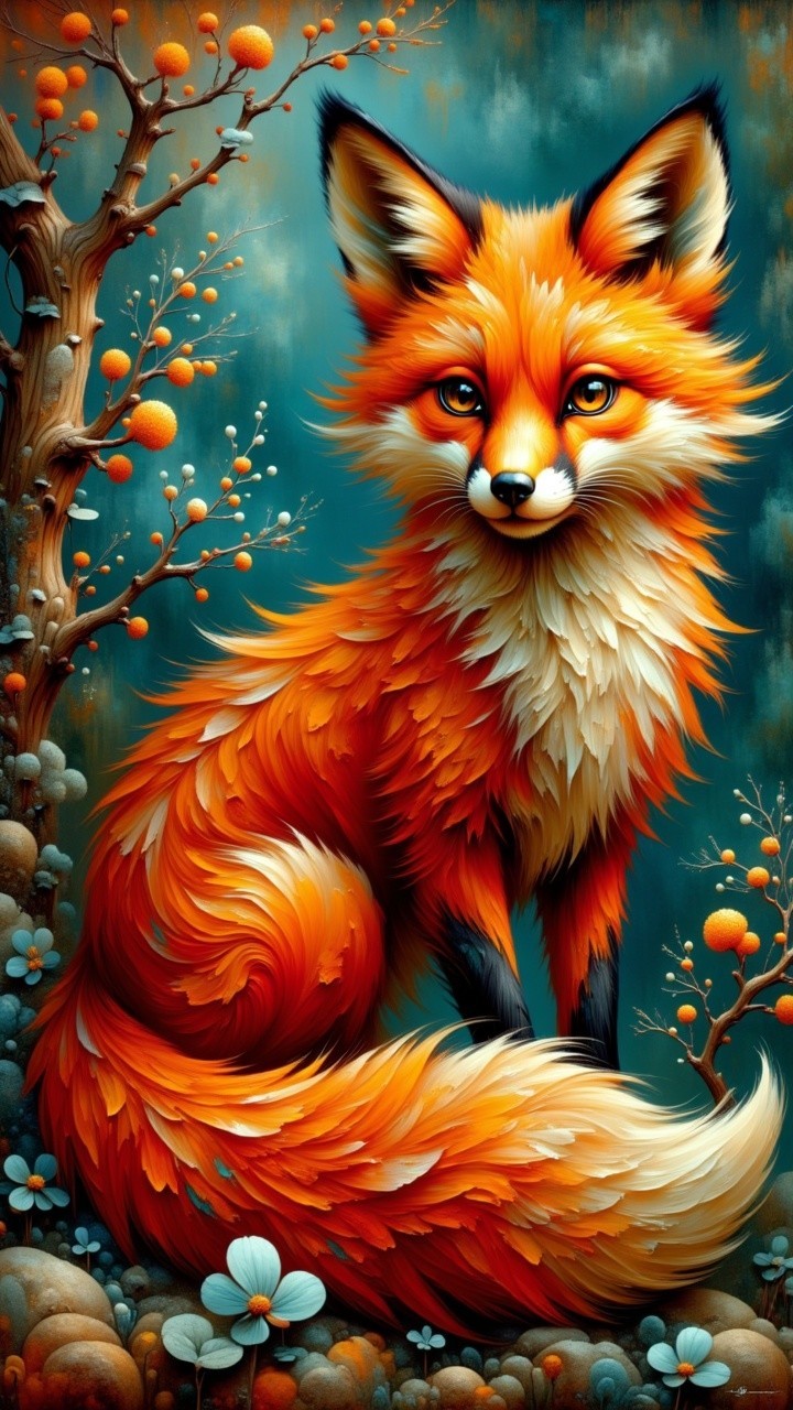 Vivid Fox Surrounded by Stylized Flowers and Branches