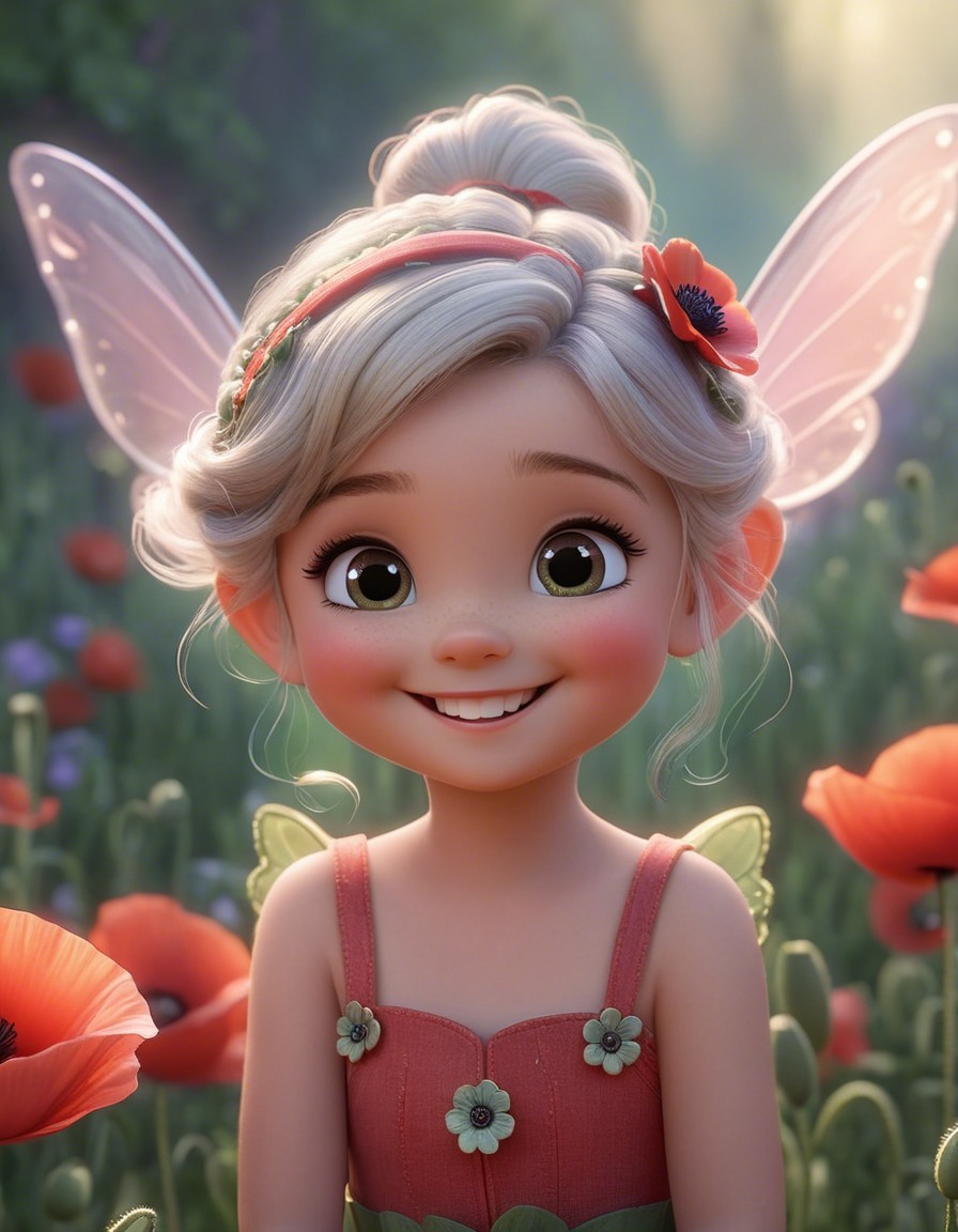 Fairy Girl with Sparkling Wings in a Poppy Garden