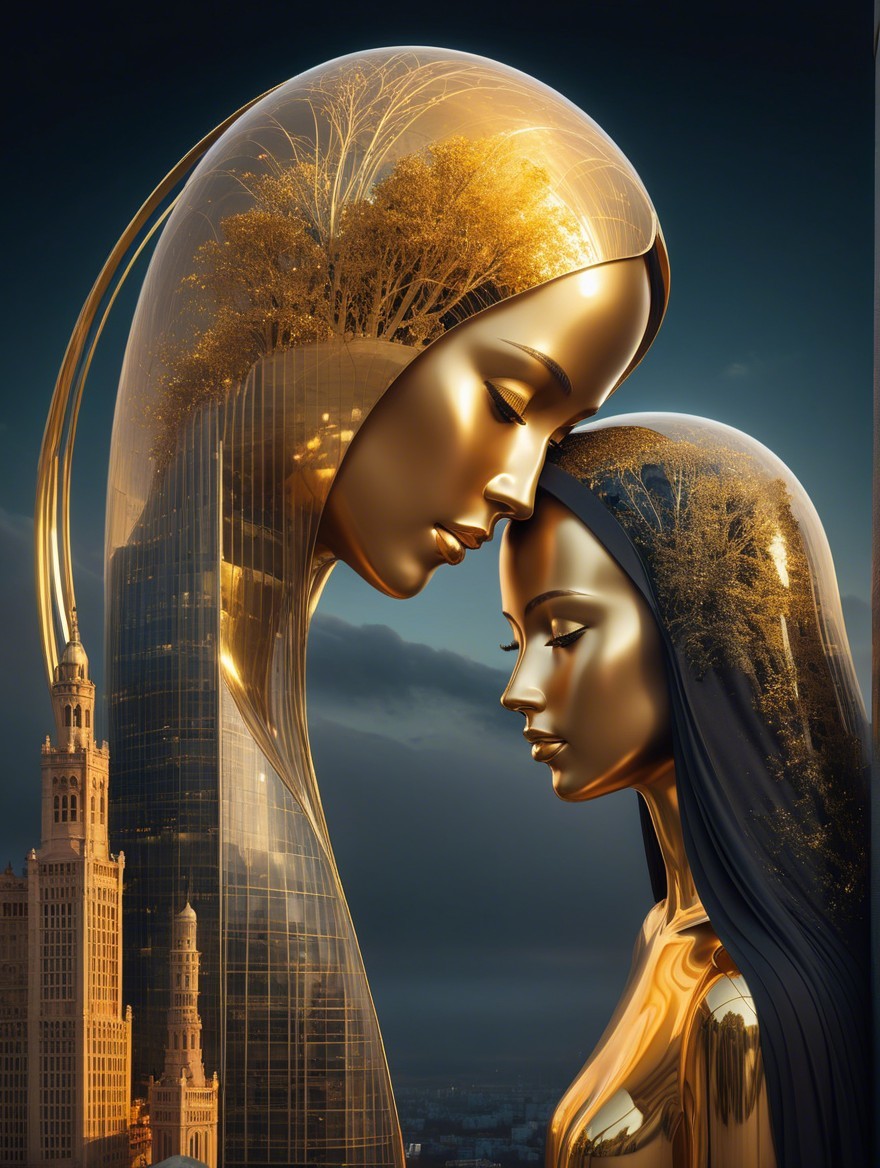 Golden Figures Symbolizing Harmony with Futuristic Tower
