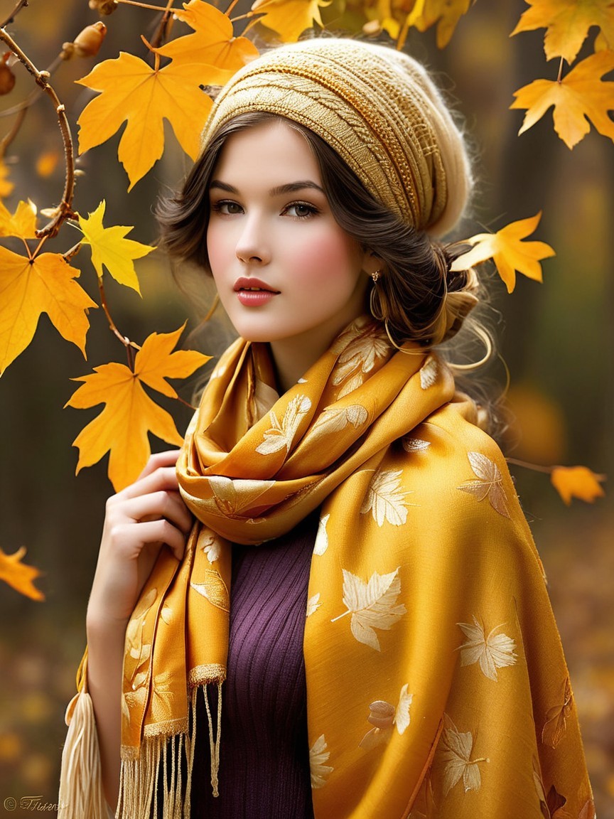Young woman in autumn foliage with vibrant scarf