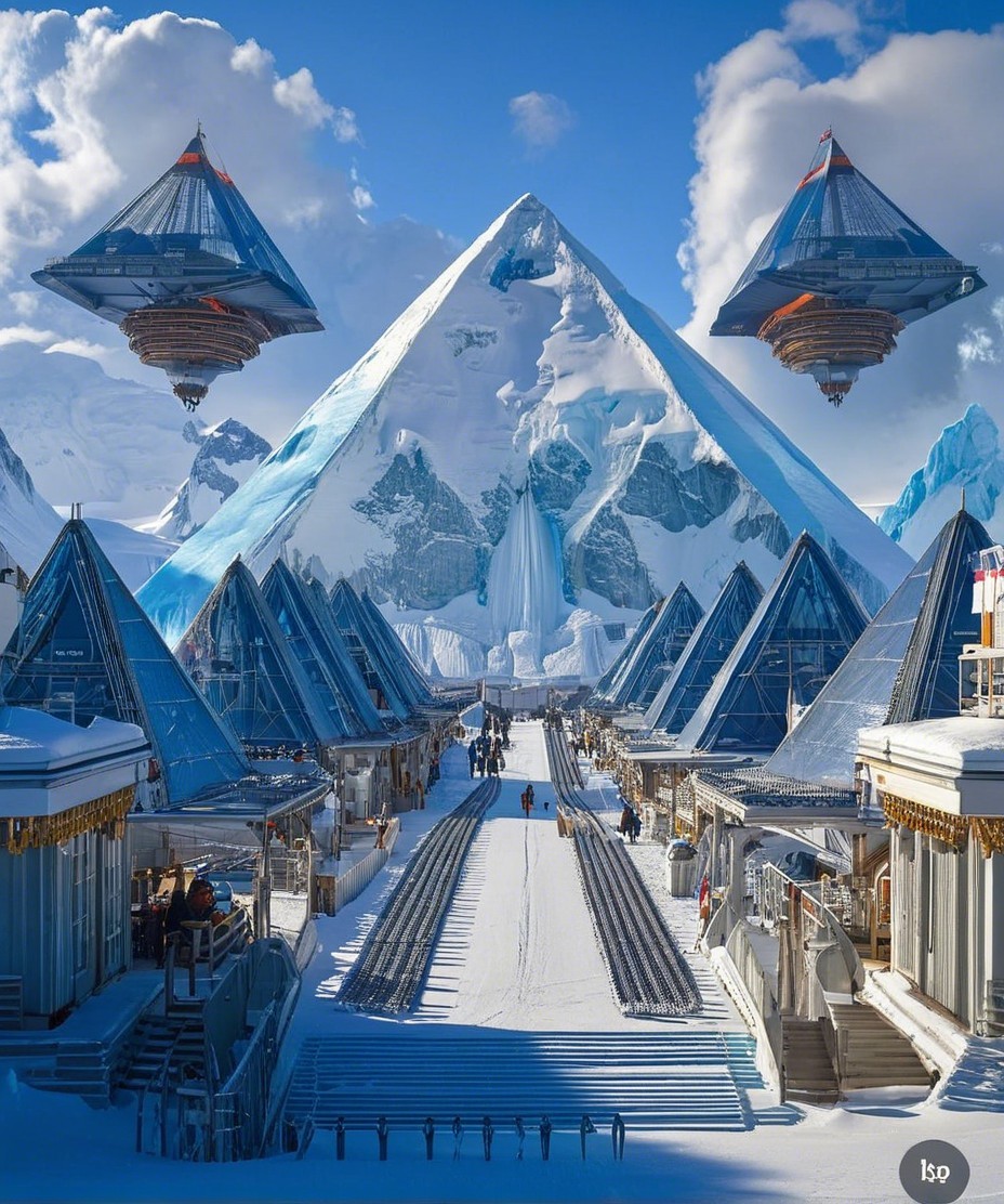 Futuristic snowy landscape with ice-capped mountains