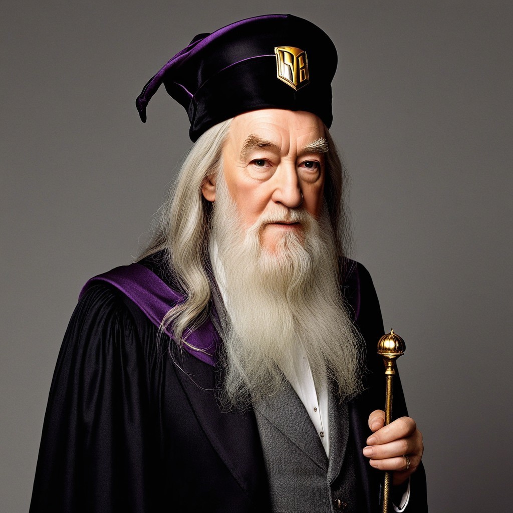 Wise figure in dark robe with golden staff and hat