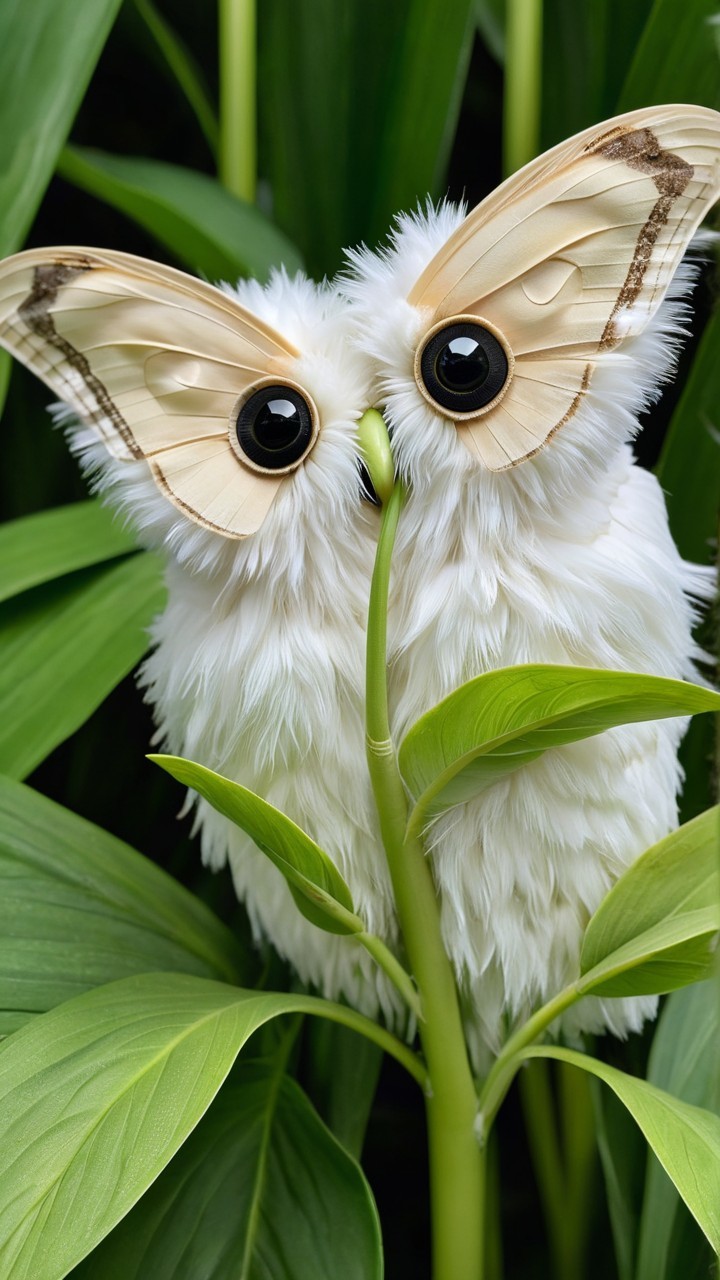 Whimsical Owl-Butterfly Creature Among Green Leaves