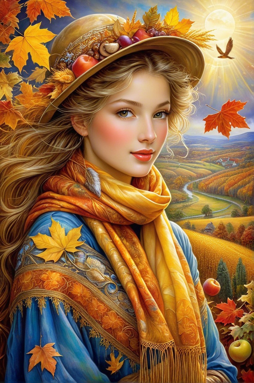 Young Woman in Autumn Hat Surrounded by Fall Foliage
