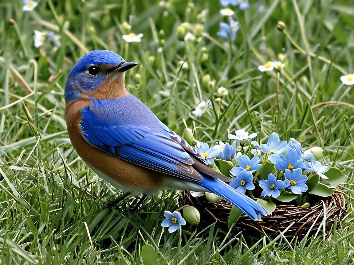 Bluebird on Green Grass with Nest and Flowers